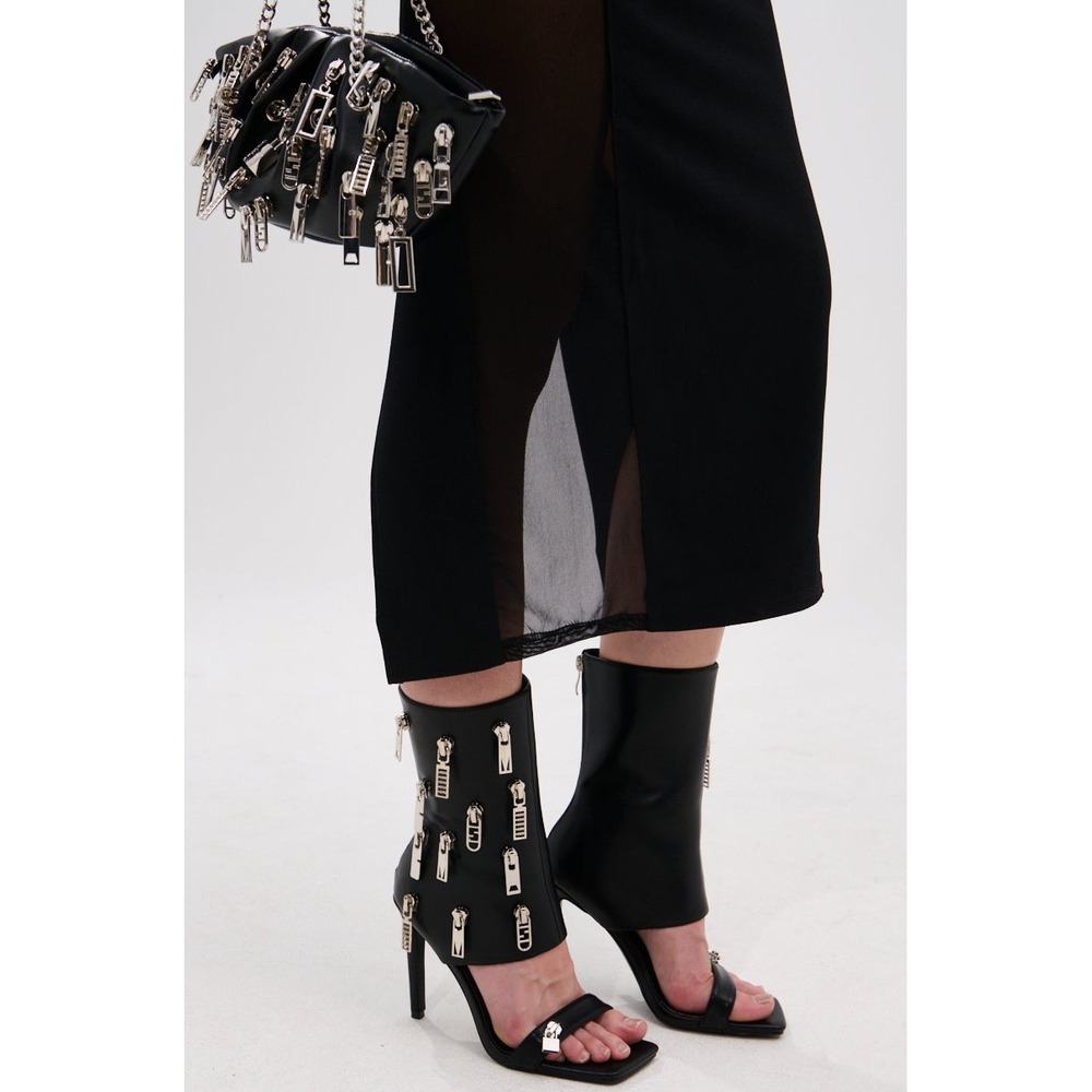 Azalea Wang Black Heeled Sandals Zipper Detail Ankle Strap Stiletto